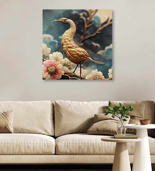 A Canvas Capturing the Ephemeral Beauty of a Bird and Blossoming Flowers