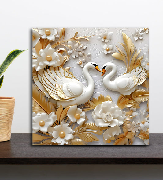 A Canvas Artwork Showcasing Two Swans with Delicate Flowers