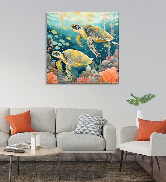 A Breathtaking Canvas Artwork Showcasing Two Majestic Sea Turtles