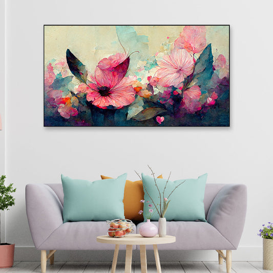 Canvas with Acrylic Floral Painting for Living Room Wall Decoration Abstract Modern Pink Flower Floating Frame Wall Paintings