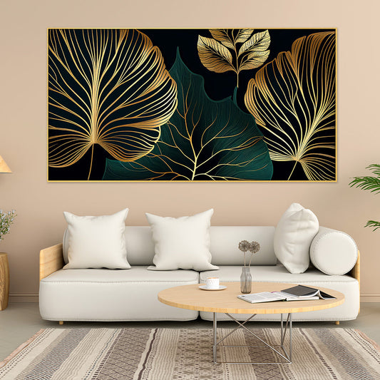 Golden Leaves Botanical Modern Art Print Canvas Painting for Bedroom Living Room Wall Decoration Floating Frame Canvas Painting