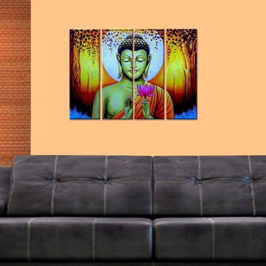 Meditating Buddha Modern Art Canvas Panel Painting In Set of 4 Panel Framed Painting for Living Room, Bedroom, Office Wall Decoration (24" x 8" Each Panel)
